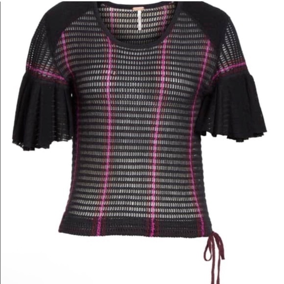 Free People Babes Only Black & Pink Crochet Sheer Short Sleeve Sweater Shirt - Picture 4 of 7